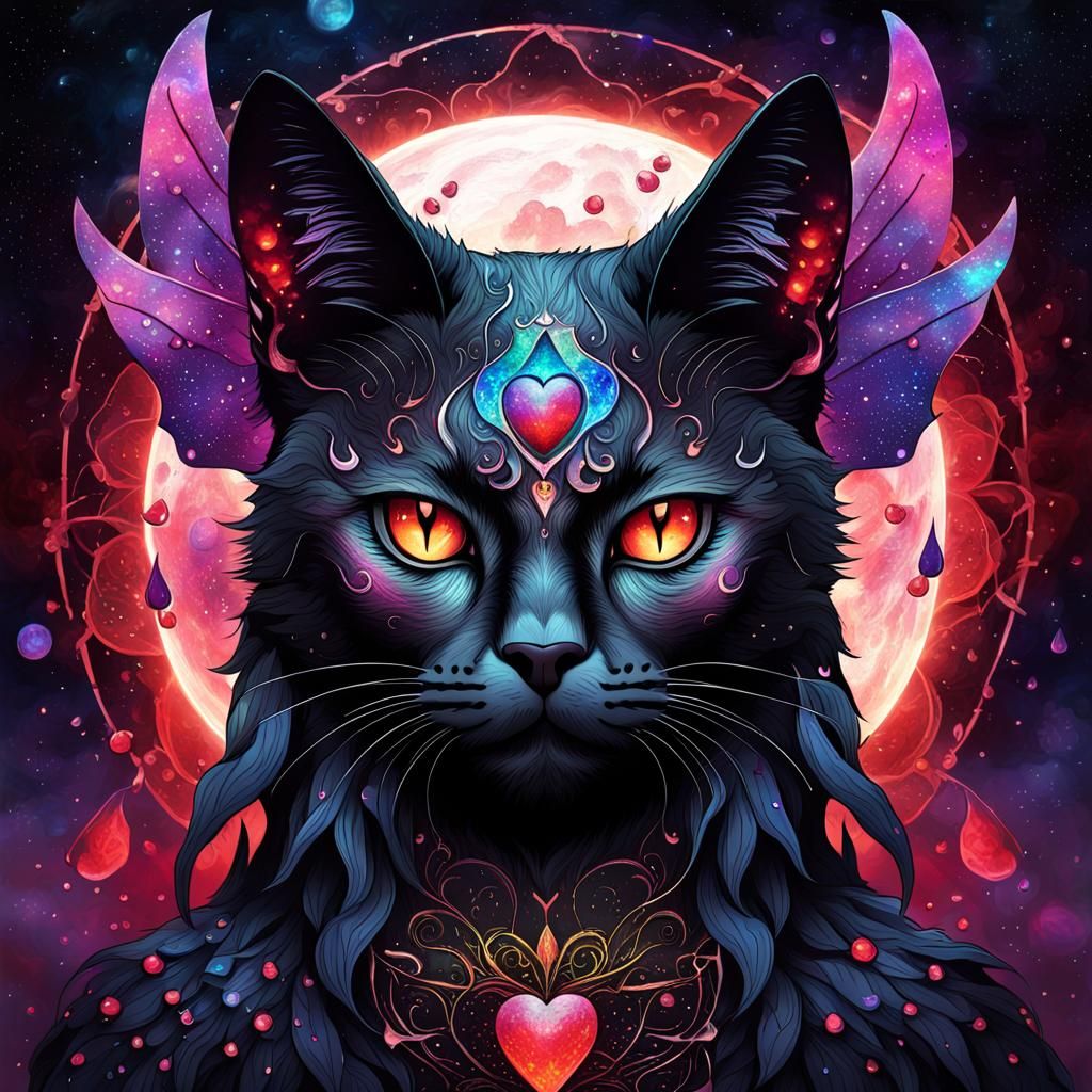 Cosmic Cat Goddess with Bat Wings Illustration