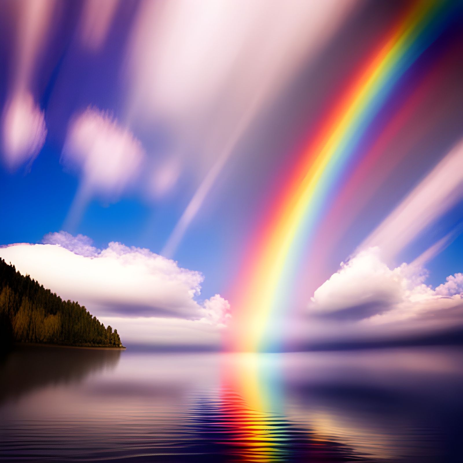 Rainbow Reflection on Lake with Heavenly Light
