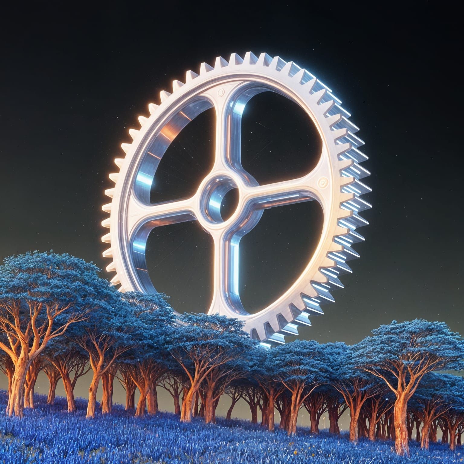 Glowing Gear in Ethereal Forest Landscape