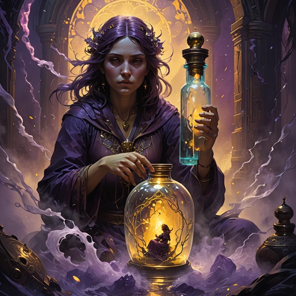 Mystical Woman Trapped in Glass Bottle, Dark Fantasy Art