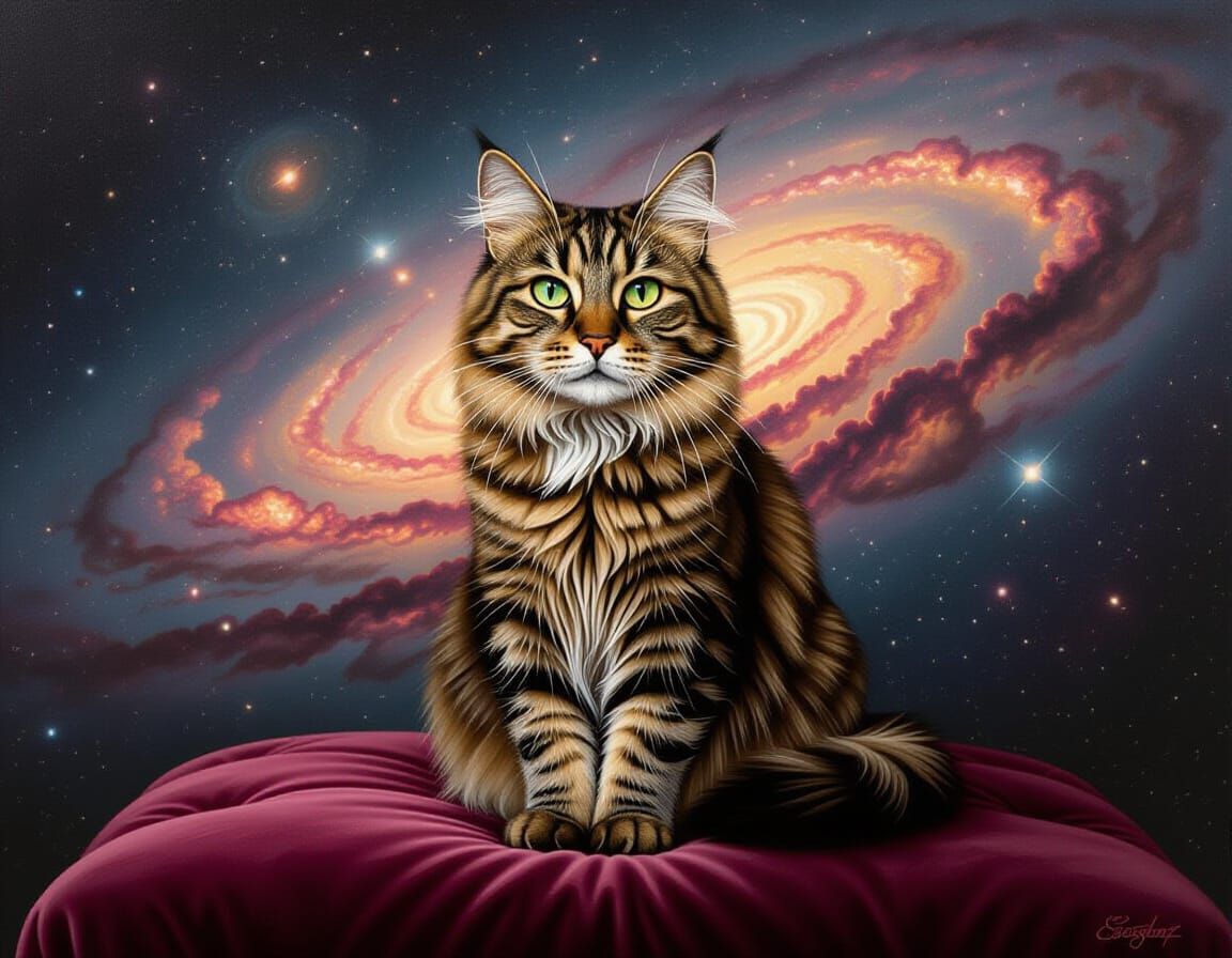 Victorian Cat Portrait with Cosmic Dreamscape