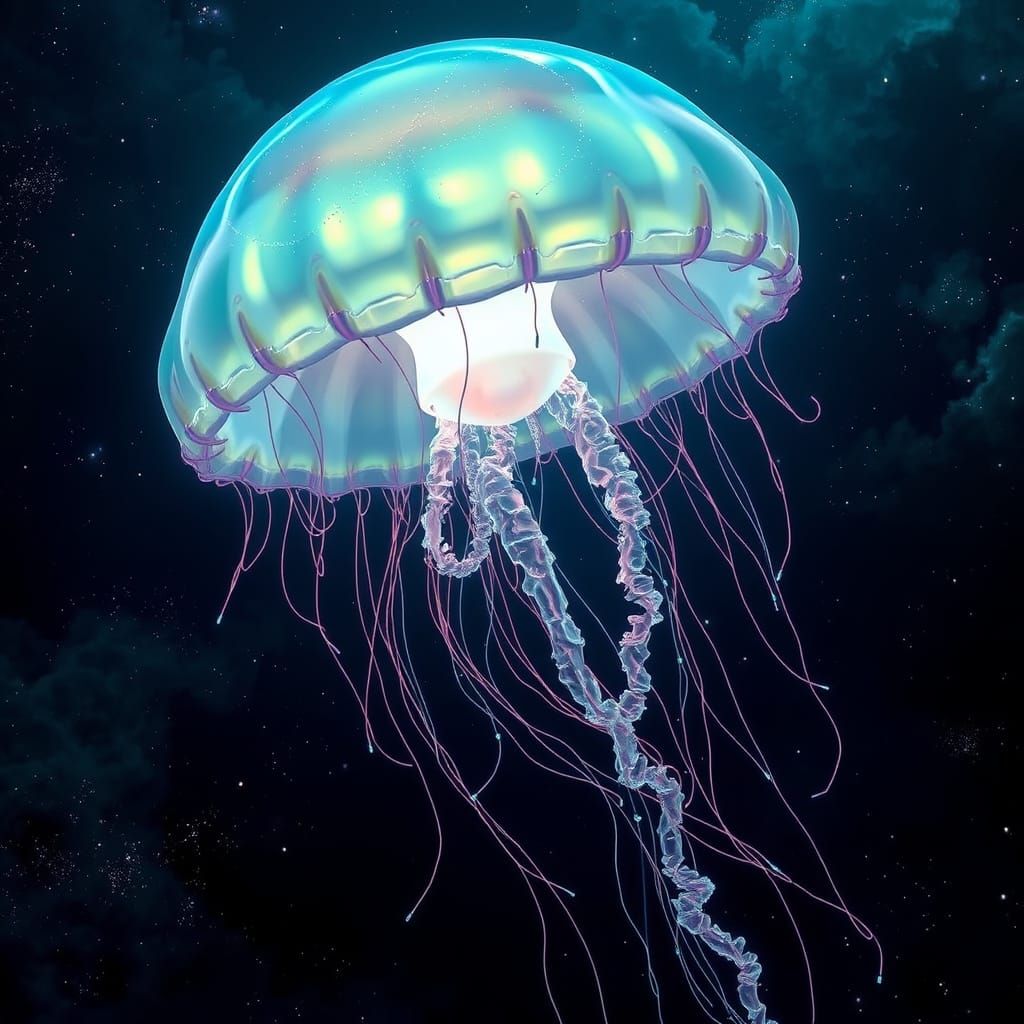 Bioluminescent Jellyfish Drifting Through Cosmic Space