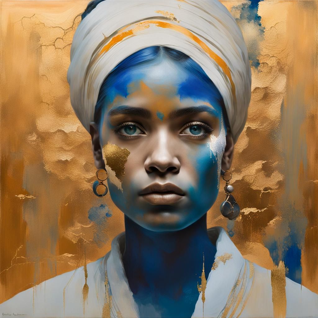 Abstract Cream Wall with Gold Fissures and Blue Stains