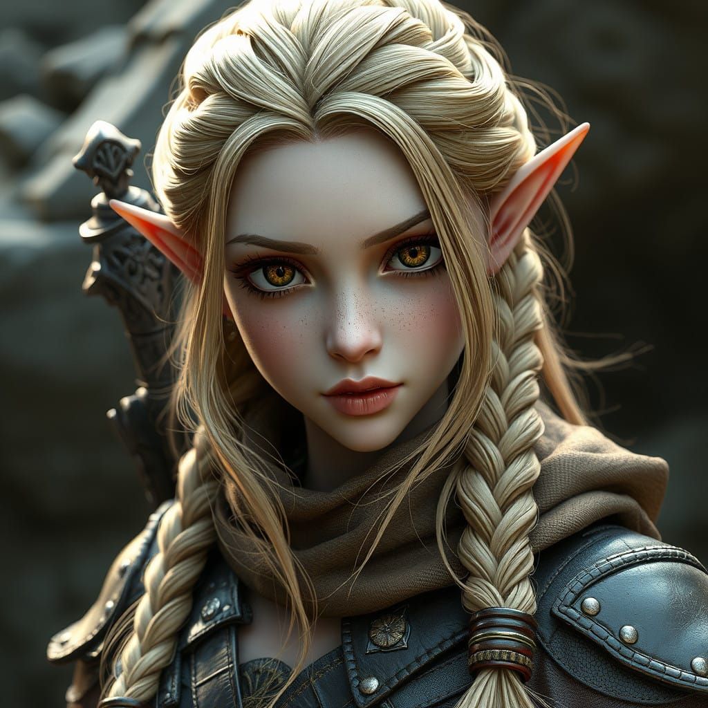 hyperdetailed photo, braided blonde haired medieval female warlock elf, wearing leather, rust amber accents, intricate d...