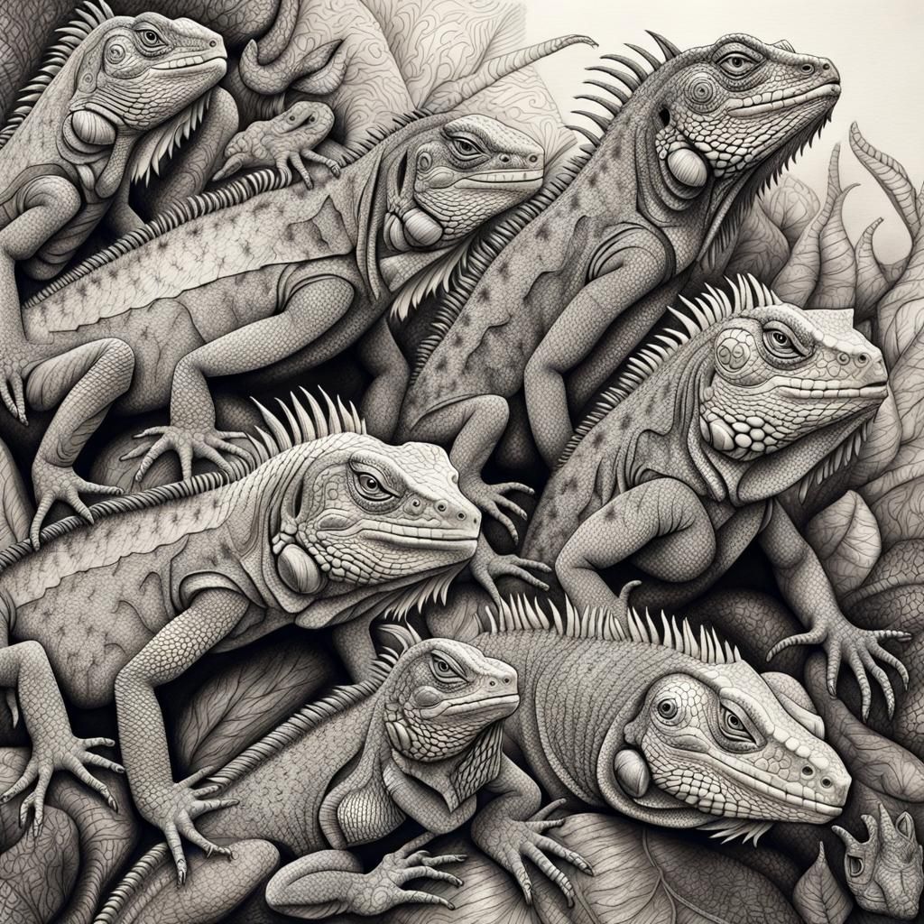 Iguanas in Hyperdetailed Charcoal Doodle Art