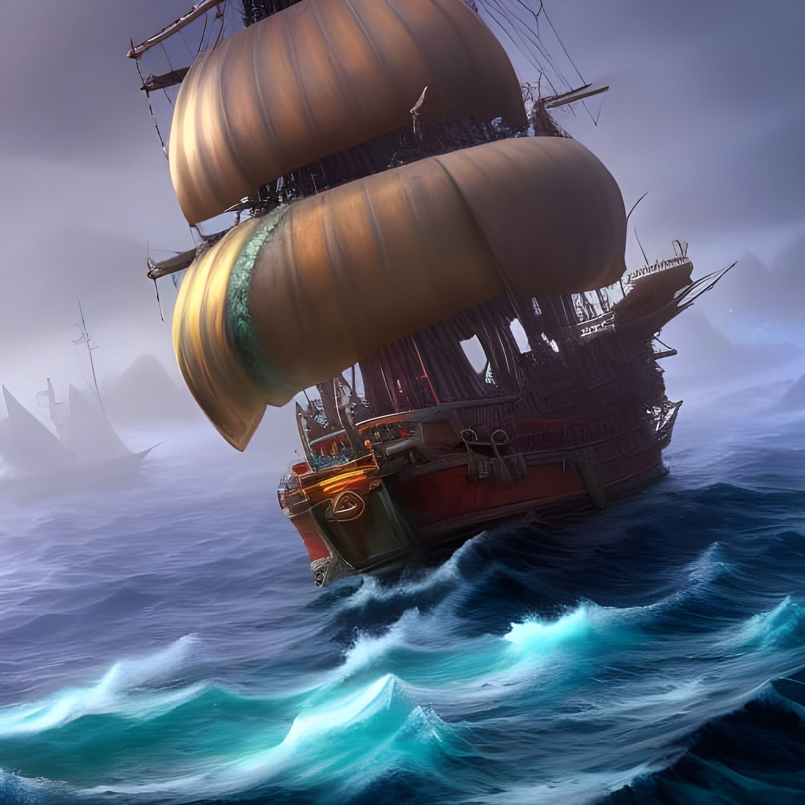 Pirate Ship Plies Sea: Detailed Matte Painting