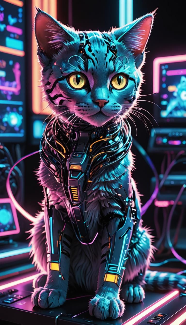 Futuristic Neon Cat in Anime-Inspired 3D Art