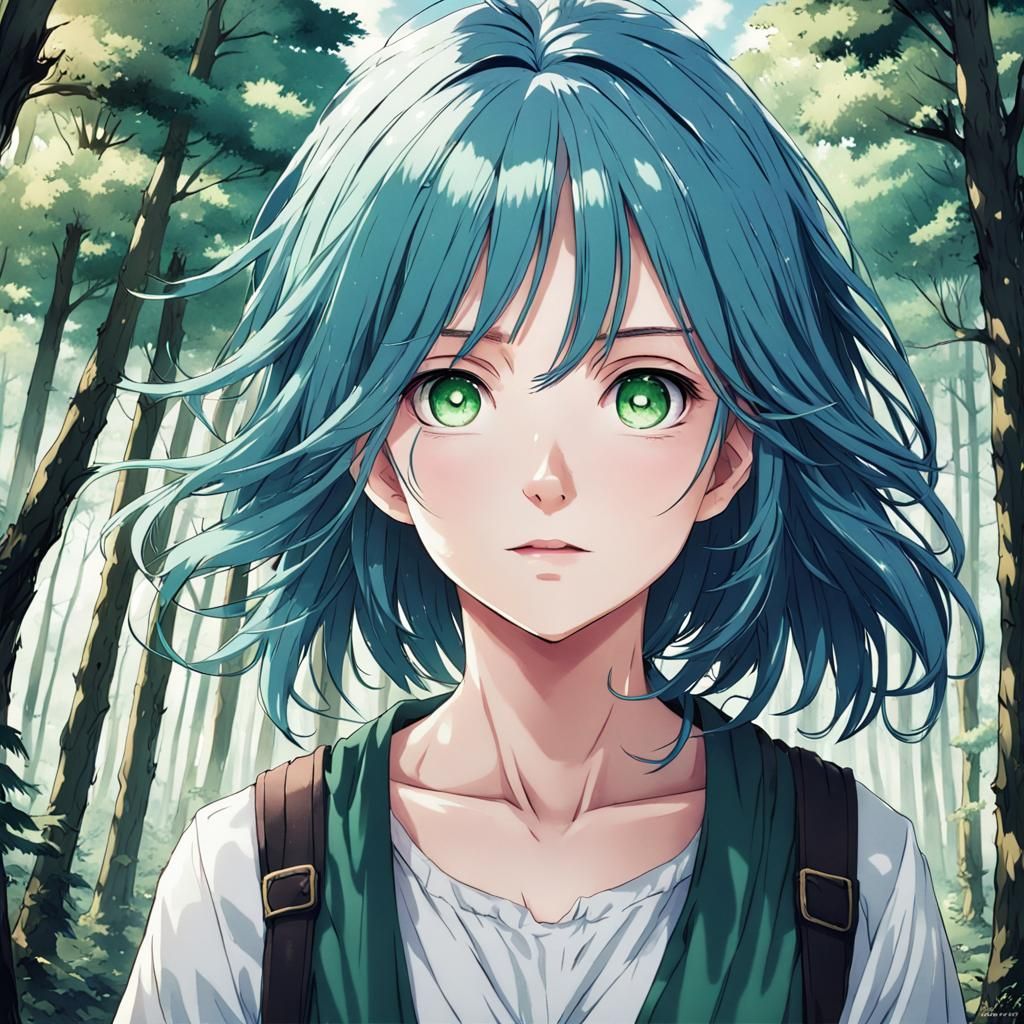Anime Forest Girl with Blue Hair and Green Eyes