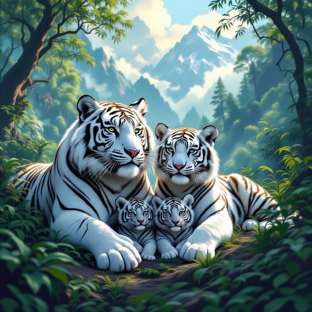 White Tiger Family in Lush Forest, Digital Matte Painting