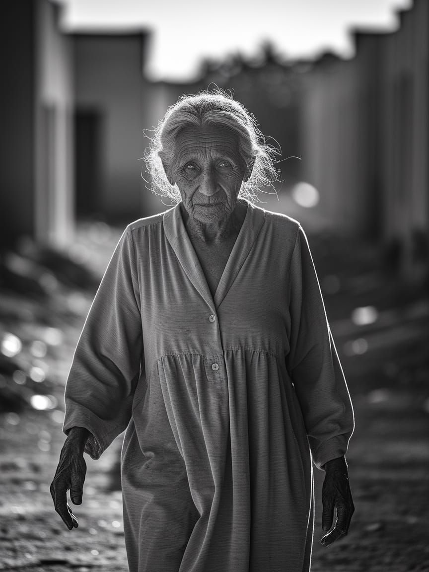 Graceful Woman in Abandoned Village: Evocative Silver-Toned ...