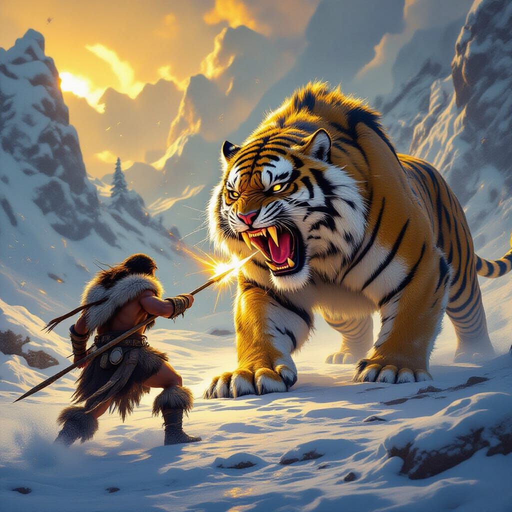 Caveman Battles Saber-Toothed Tiger in Frozen Tundra