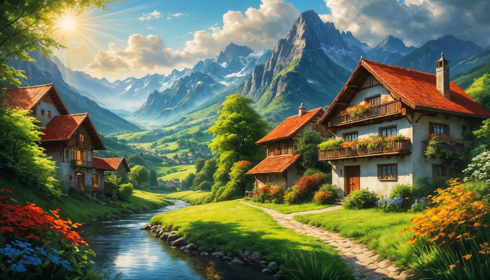 Bavarian Alpine Village in Post-Impressionist Style