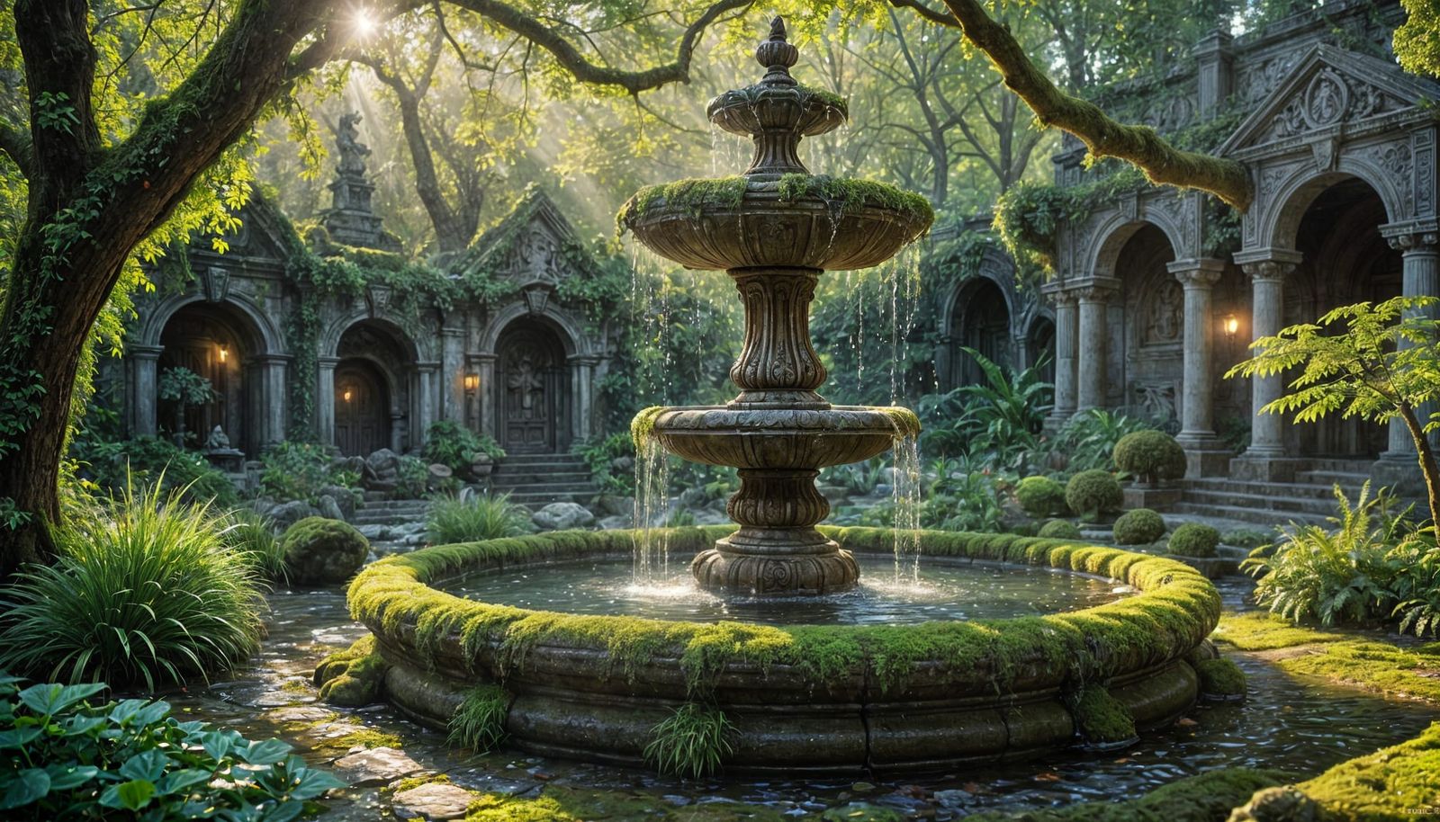 Enchanted Garden: Ancient Fountain with Bioluminescent Flowe...