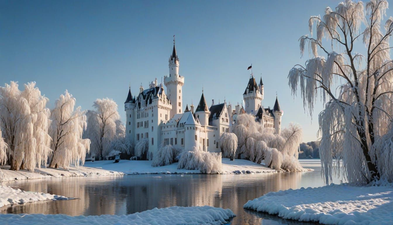 Luxurious Winter Castle Amidst Frozen Willow and Lake