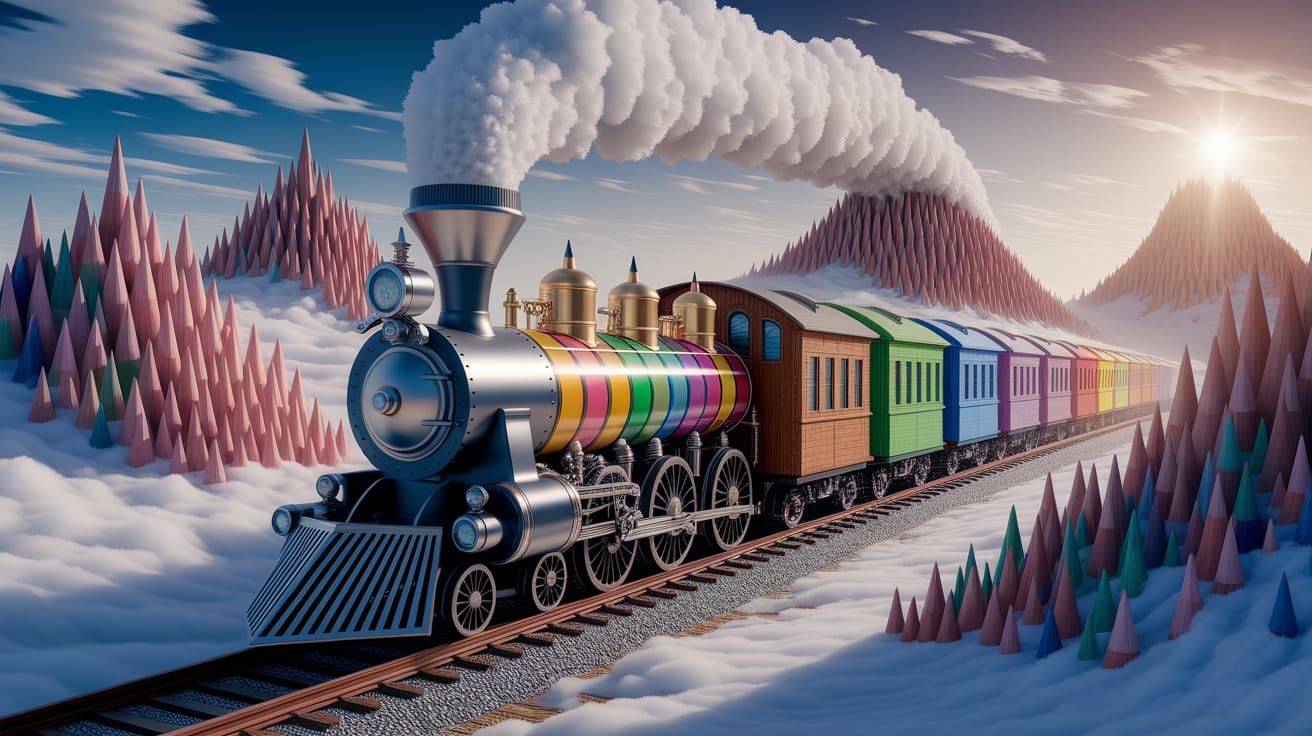 Surreal Pencil Train Through Mountain Pass