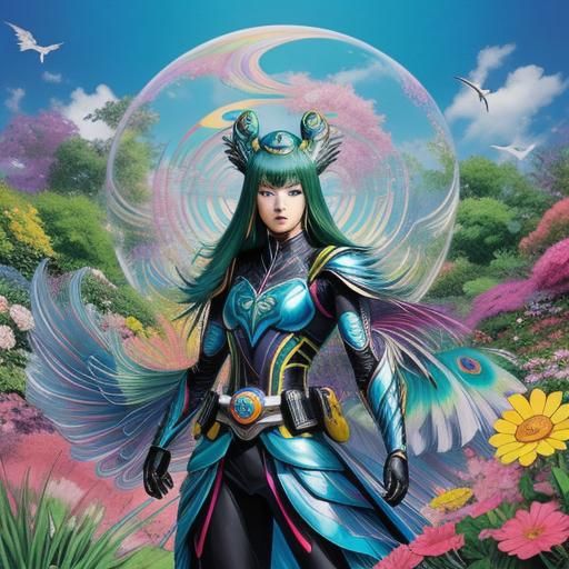 Peacock Kamen Rider in Serene Garden, Pop Art