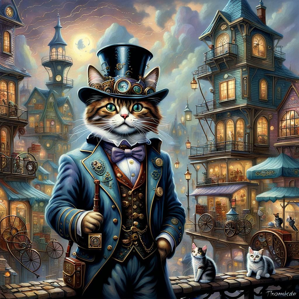 Steampunk Cat City in Ethereal Fantasy Style