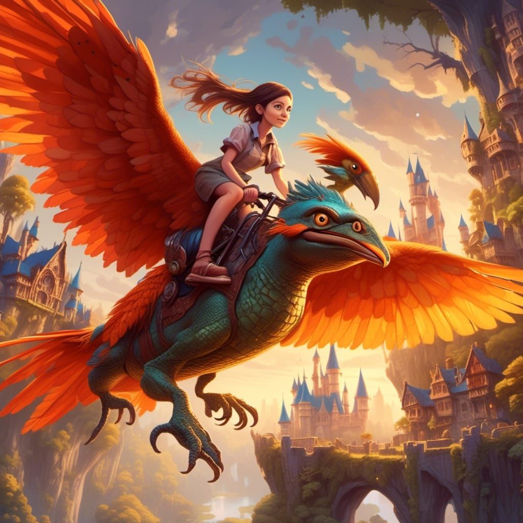 Cartoon Girl Rides Reptile-Bird Hybrid in Storybook Style