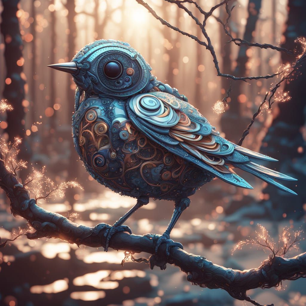 Hyperrealistic Nightingale on Birch Branch in 3D Knitted Art