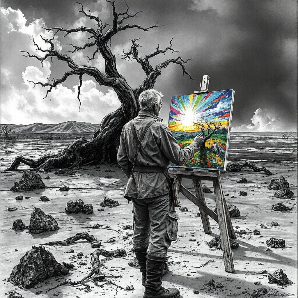 Artist Painting Kaleidoscopic Landscape in Wasteland, Charco...
