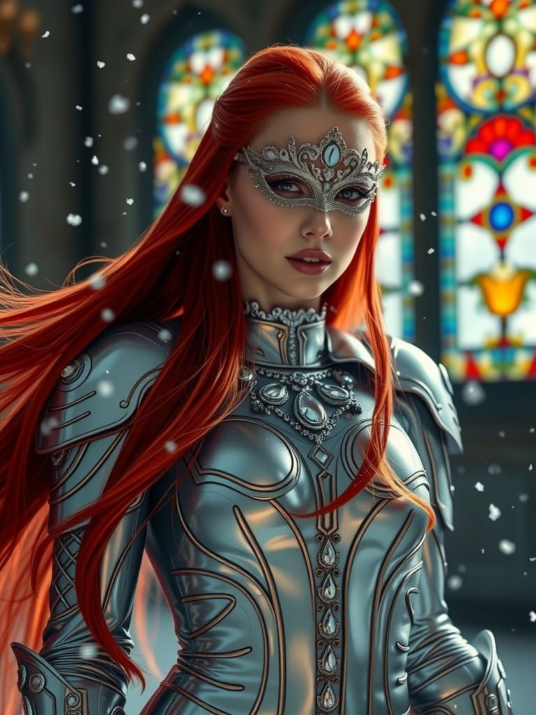 The image features a striking figure of a woman with flowing very long red hair  clad in a stunning, futuristic outfit m...