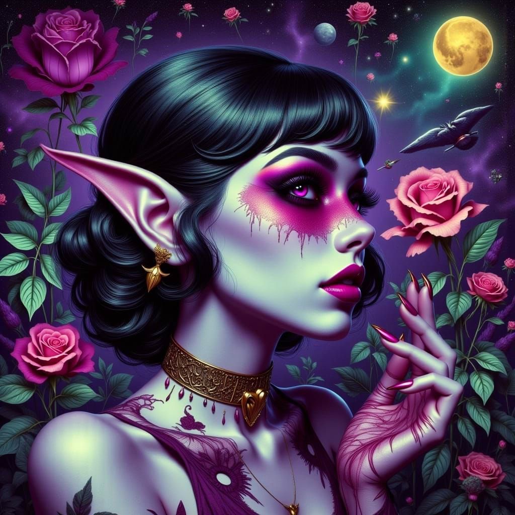 Gothic Punk Goddess Bares Skin in Cosmic Fantasy