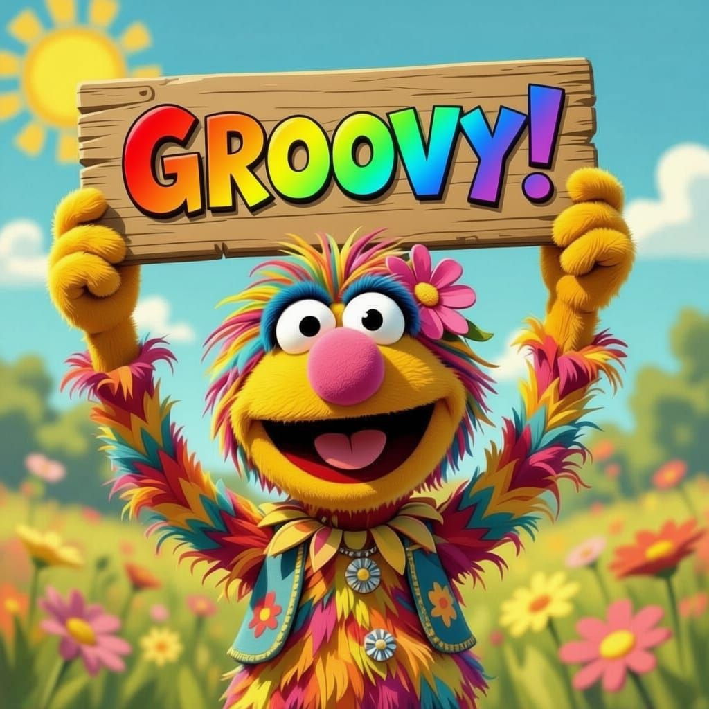 Cartoon Hippie Muppet Holds 'Groovy!' Sign