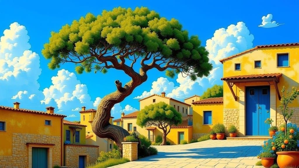 Greek Island Olive Tree in Impressionist Style