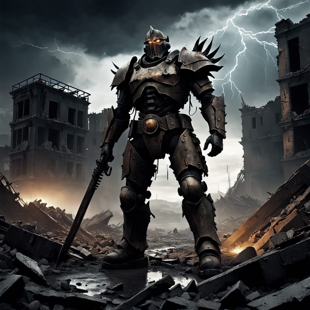 Warrior in Desolate Wasteland, Grimdark Dark Fantasy Illustr...