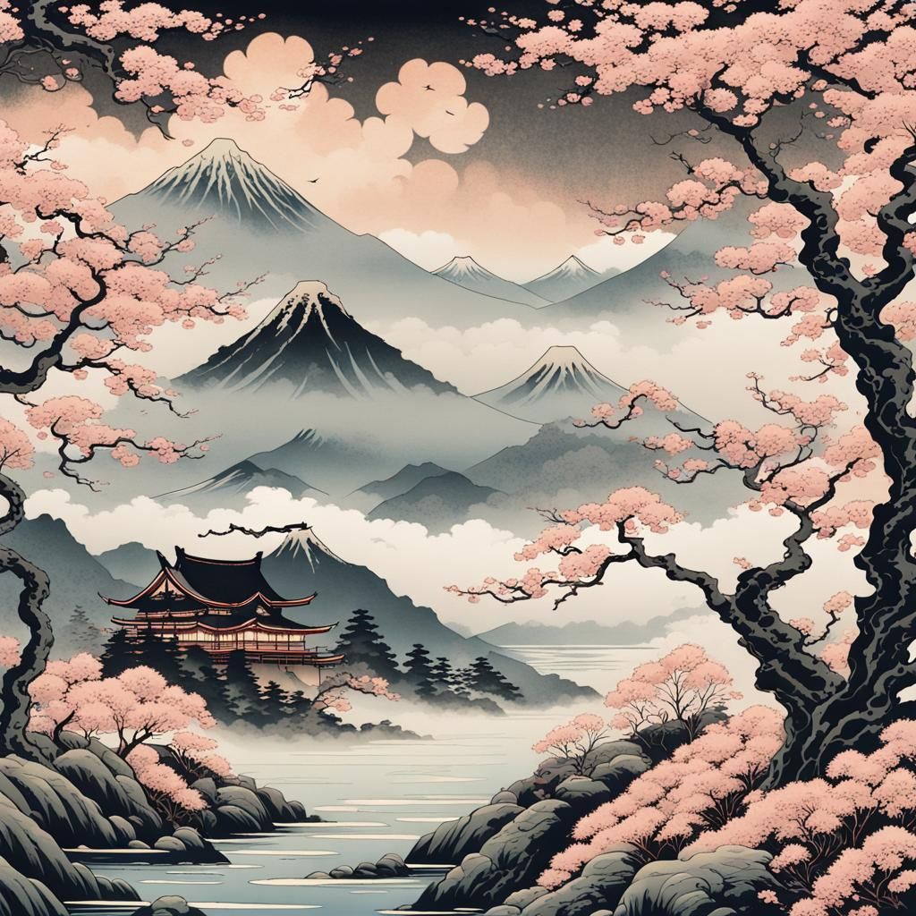 Eerie Demons in Misty Sakura Garden, Ukiyo-e Style