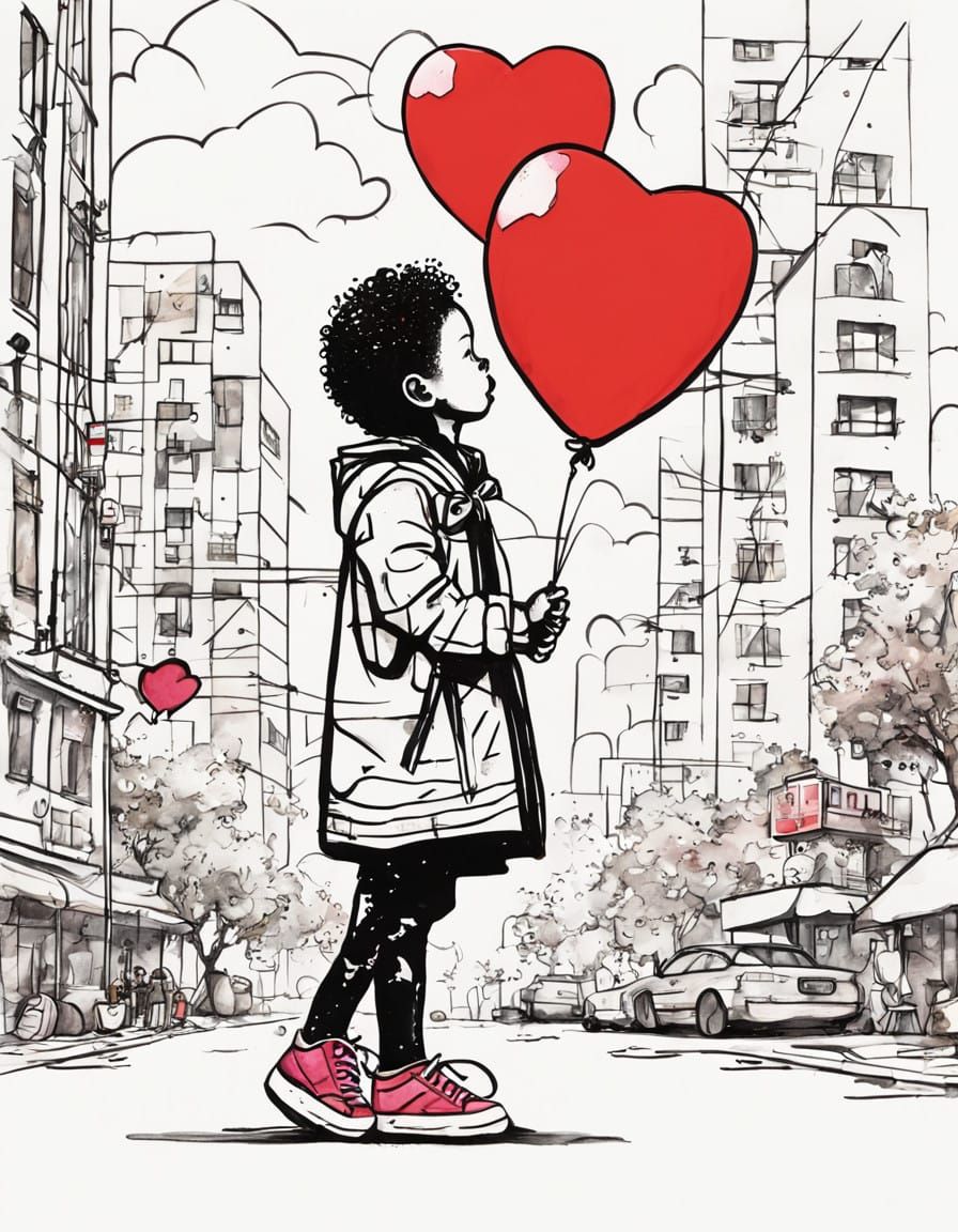 Whimsical Watercolor Girl Holding a Red Heart-Shaped Balloon...