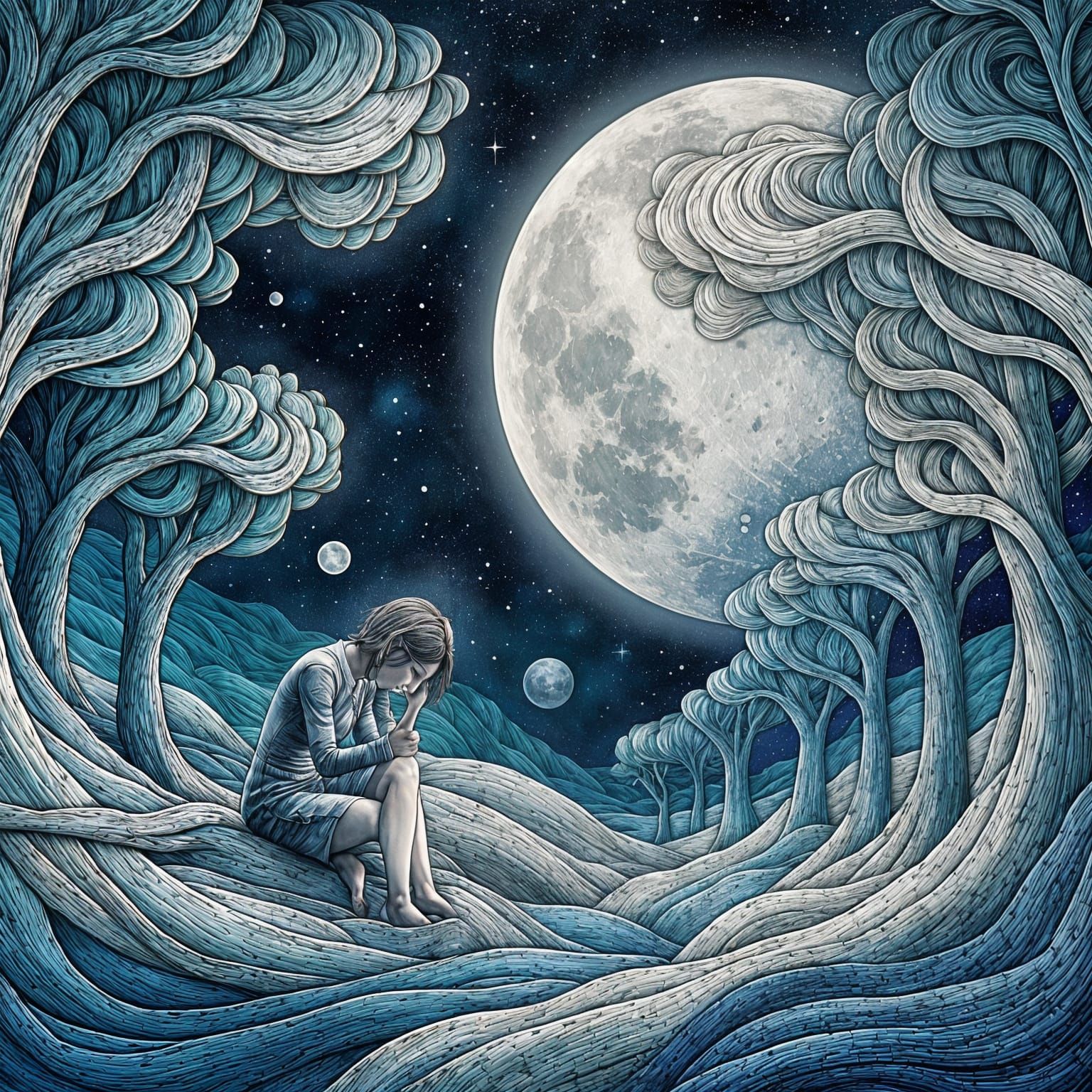 A Woman Contemplates the Moon in a Dreamlike Landscape