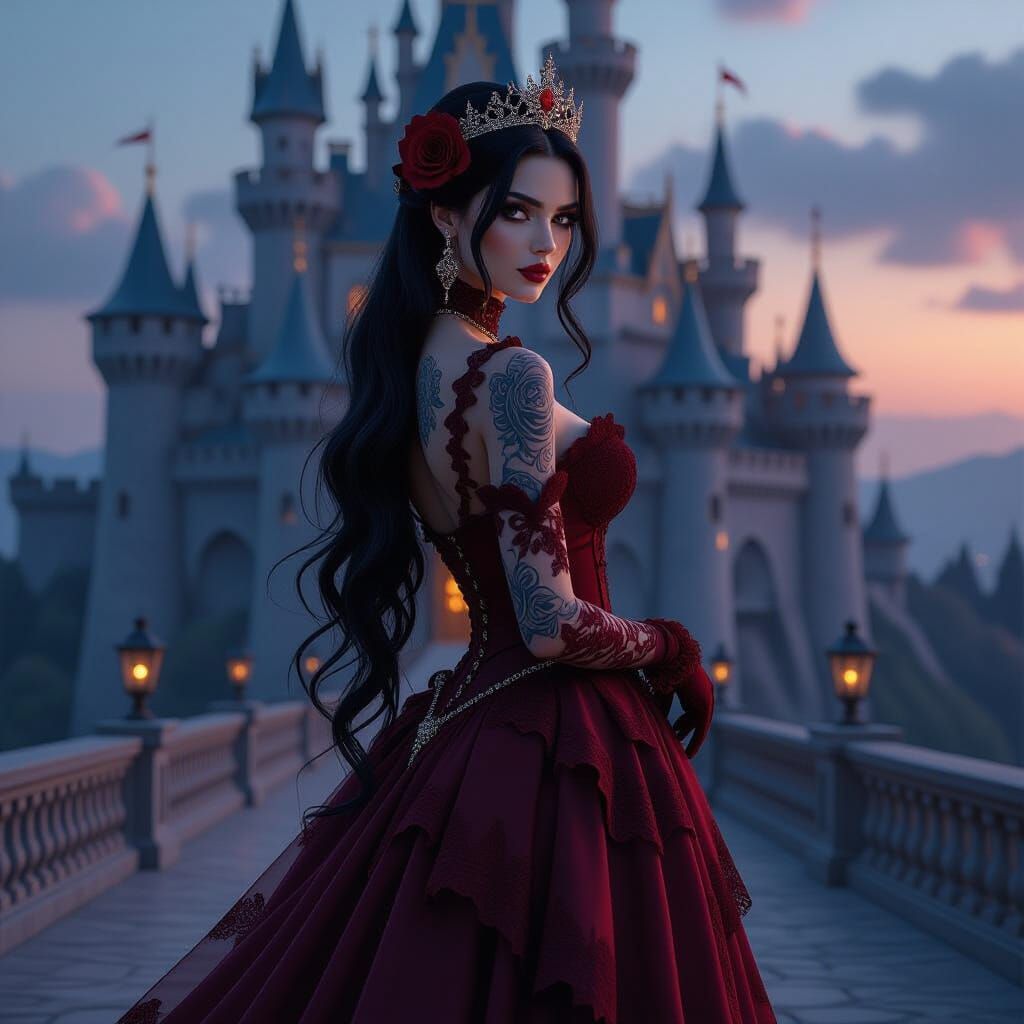 Gothic Enchantress in Crimson Lace at Twilight