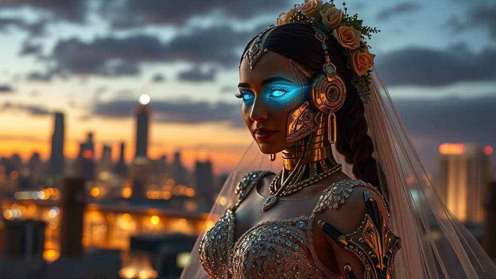 Cyborg Bride in Futuristic Cityscape: Digital Art