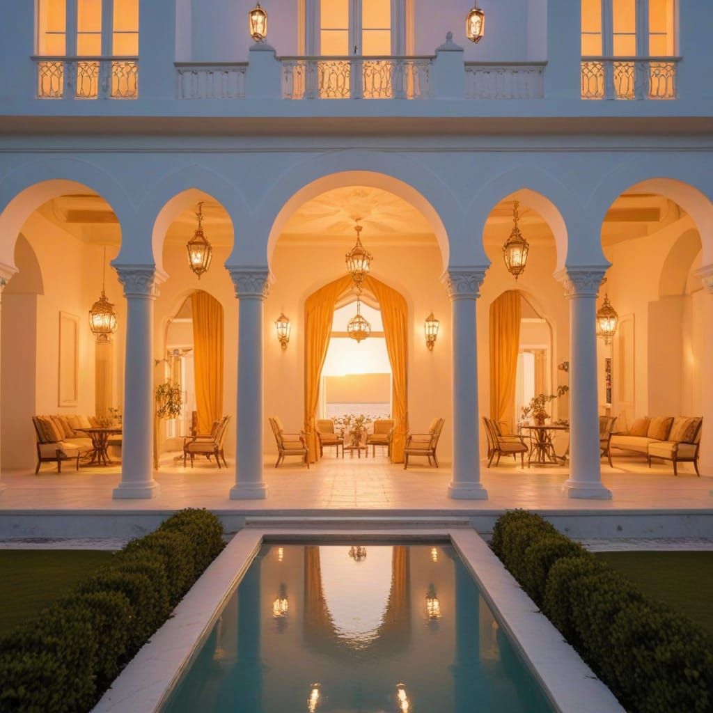 Taj Castillo Style Palace at Dusk with Lanterns
