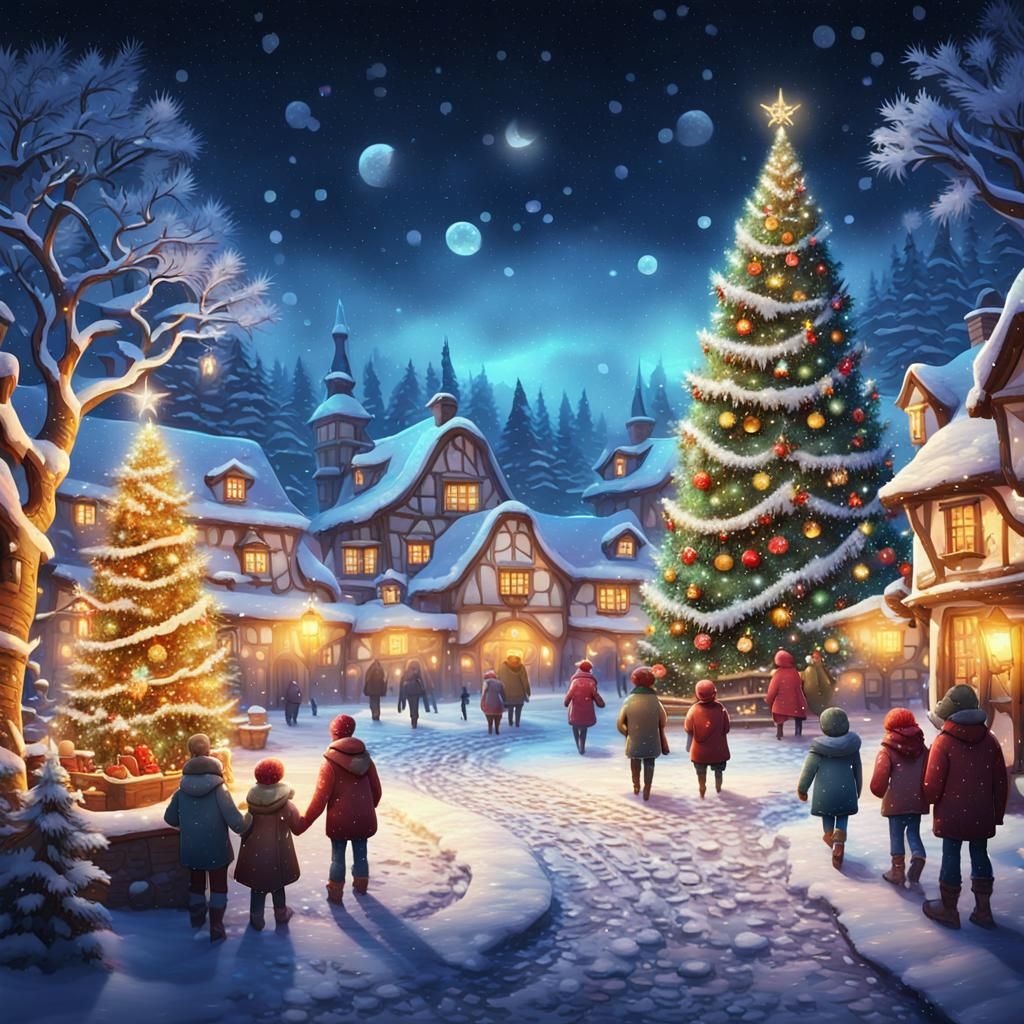Enchanted Winter Village at Night in Vibrant Digital Art