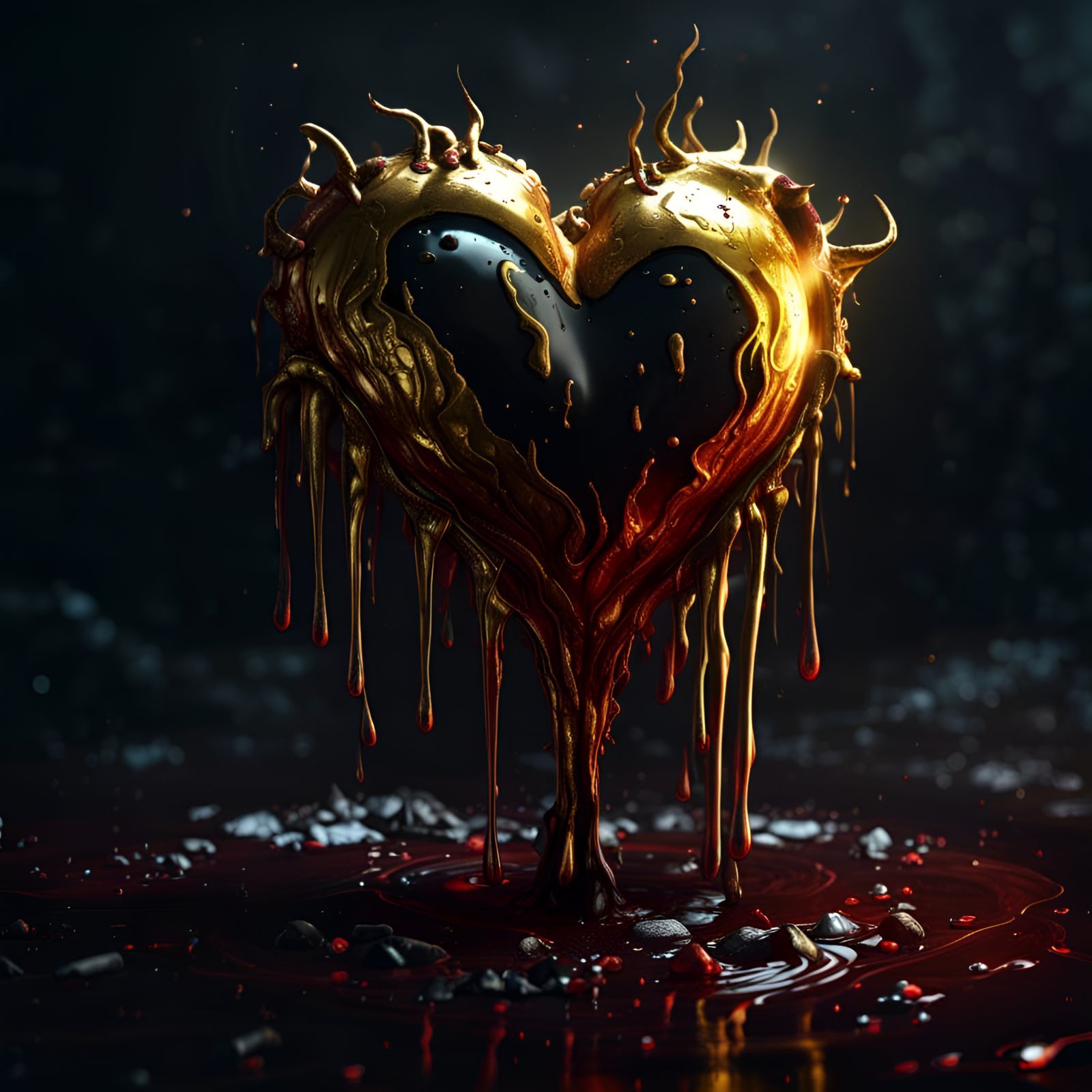 A melting golden heart bleeding black blood