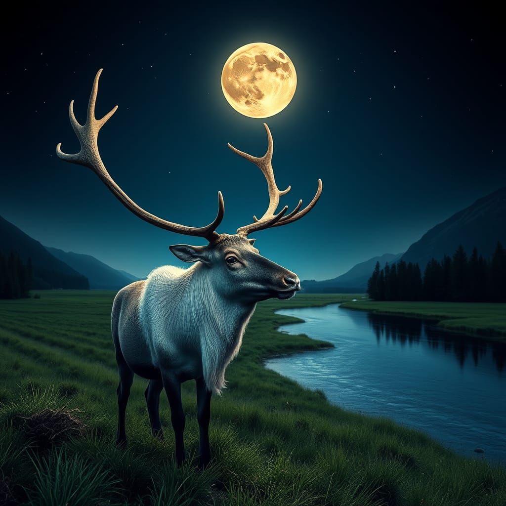 Reindeer Under Moonlight in Norway, Atmospheric Landscape