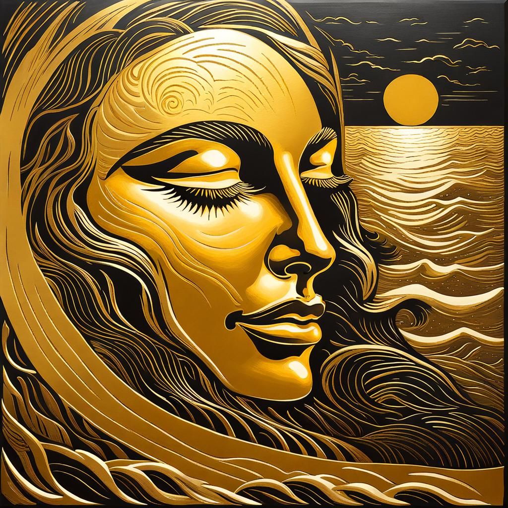 Golden Moon Linocut Over Sea Waves