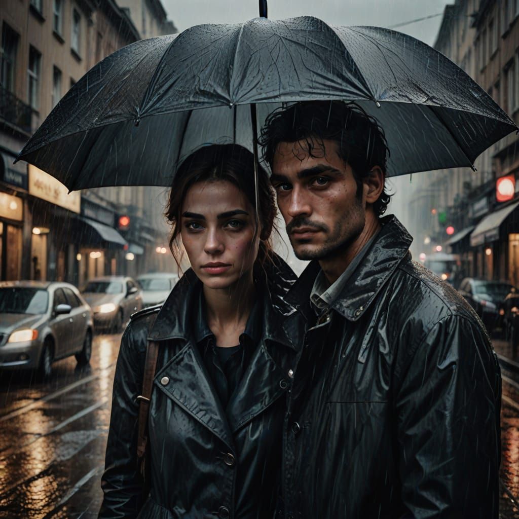 Vintage City Street Scene under Rainy Umbrella