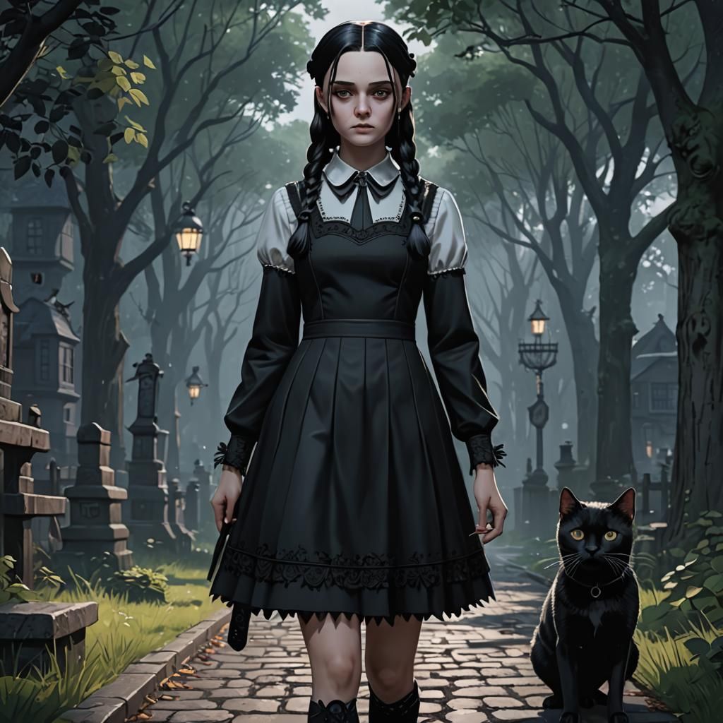 Wednesday Addams in Goth Dress: 3D Anime Art