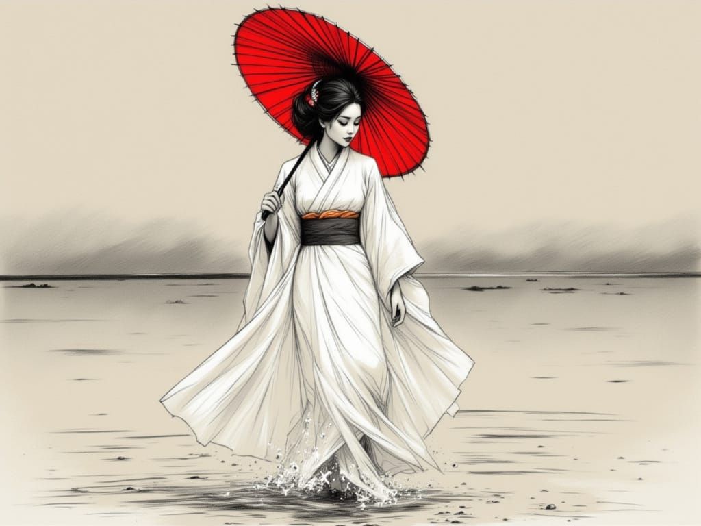 Woman in Kimono with Parasol: Ukiyo-e Style
