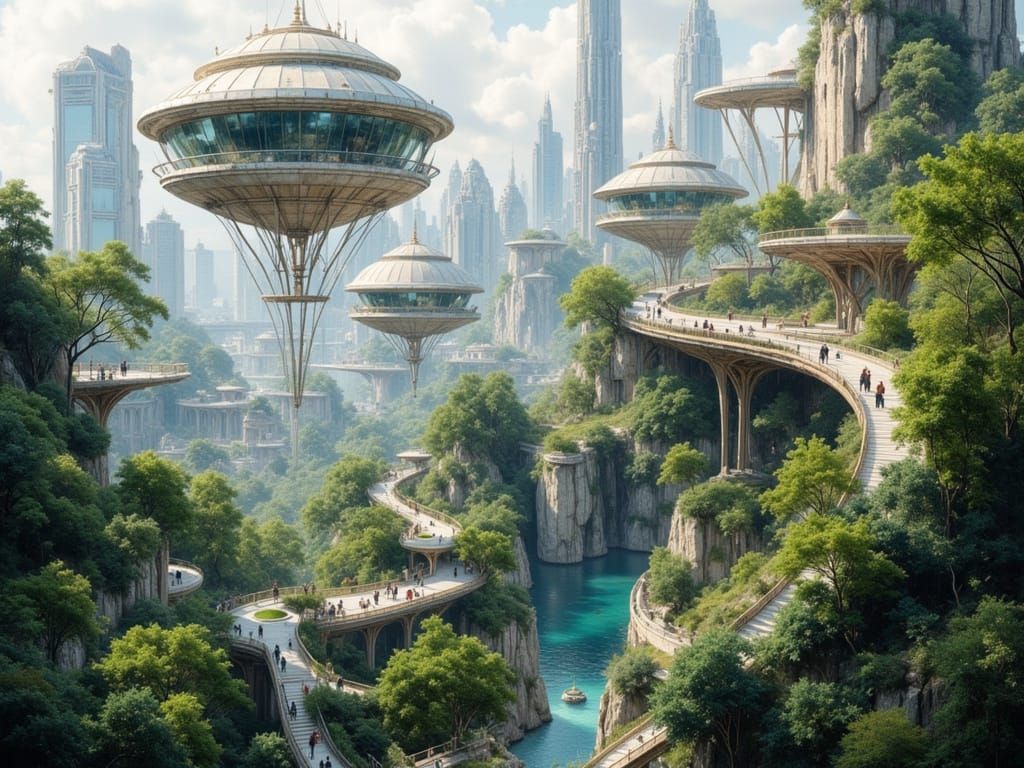 Futuristic City with Floating Structures and Greenery