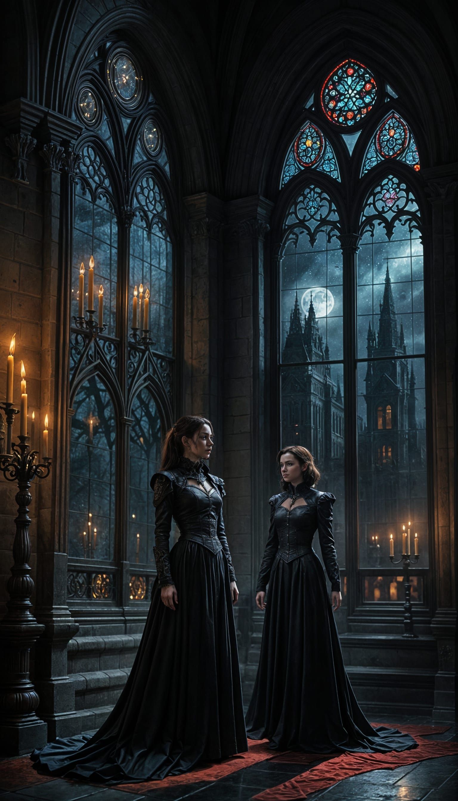 Gothic Vampires Kissing Behind Stained Glass Window