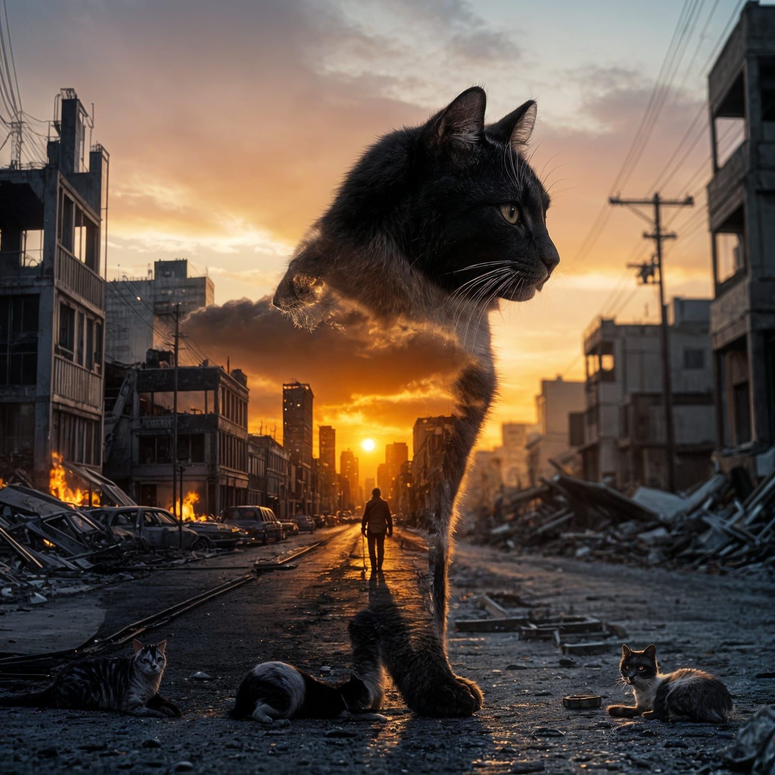 Post-Apocalyptic Cat Silhouette in Double Exposure