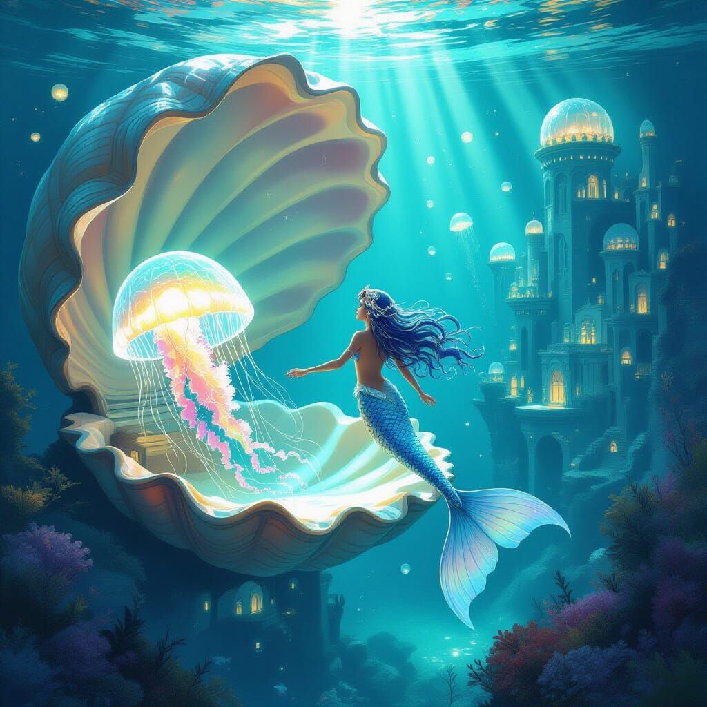 Underwater Metropolis with Mermaid, in Ethereal Style