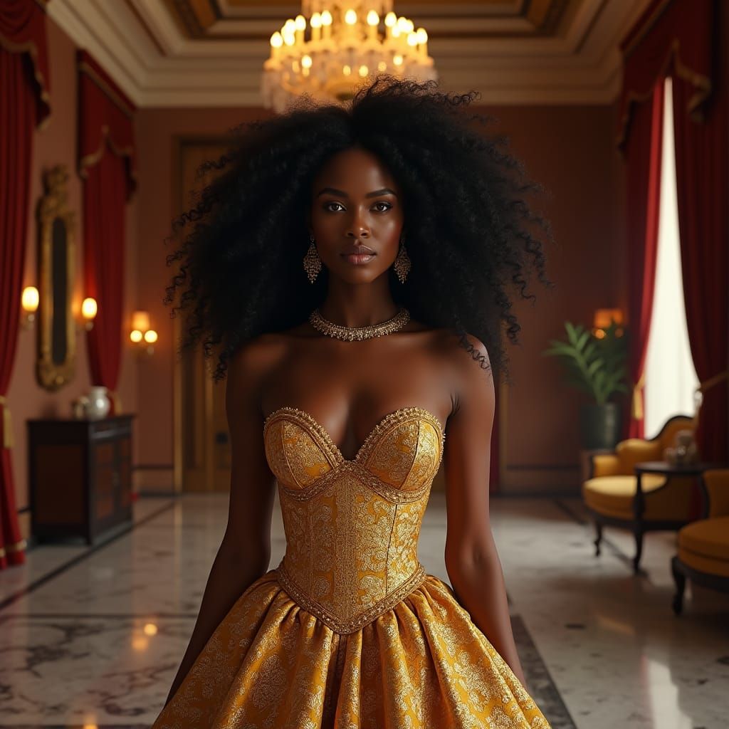 Regal Black Princess with Curly Hair in Palace