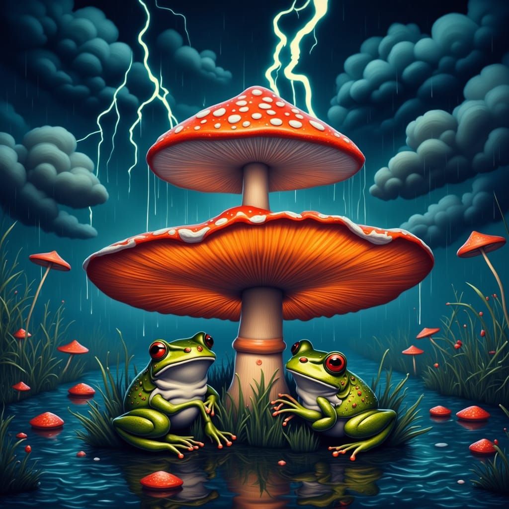 Whimsical Frogs Seek Shelter Under Toadstool During Lightnin...