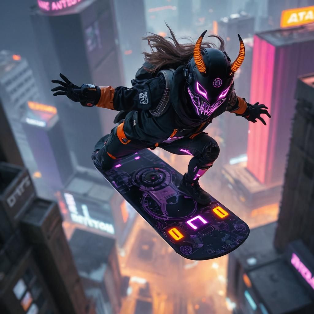 Cyberpunk Girl on Skyboard Above Brutalist City
