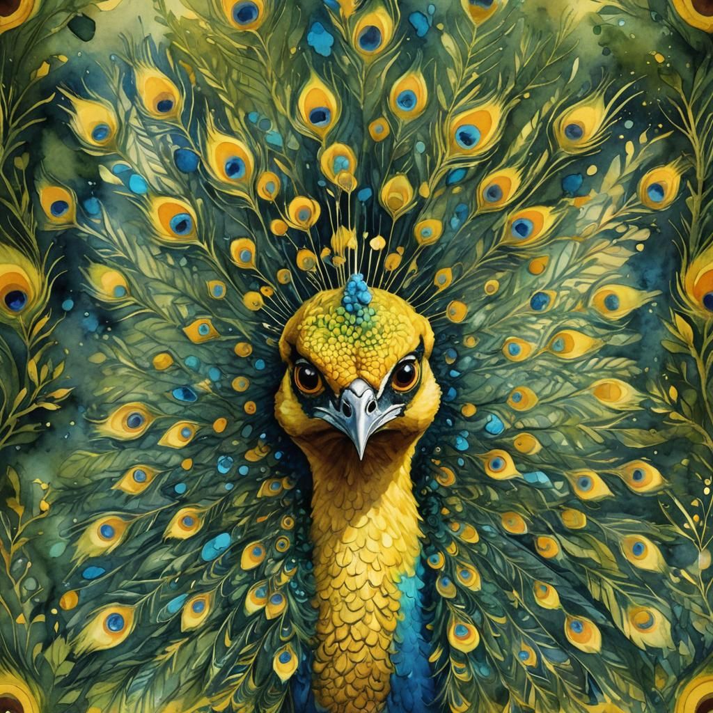 Watercolor Portrait of a Yellow Peacock